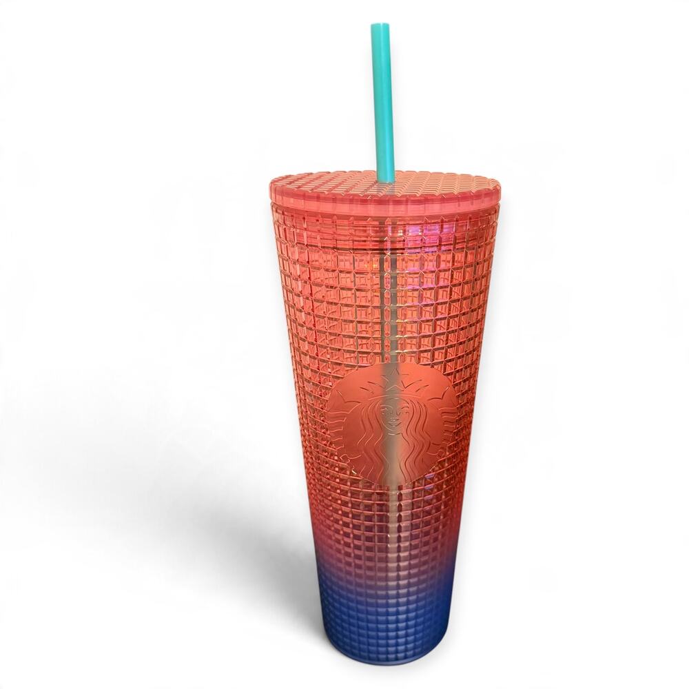 Starbucks Pink Coral & Blue Ombre Grid Cold Cup Tumbler 24 oz